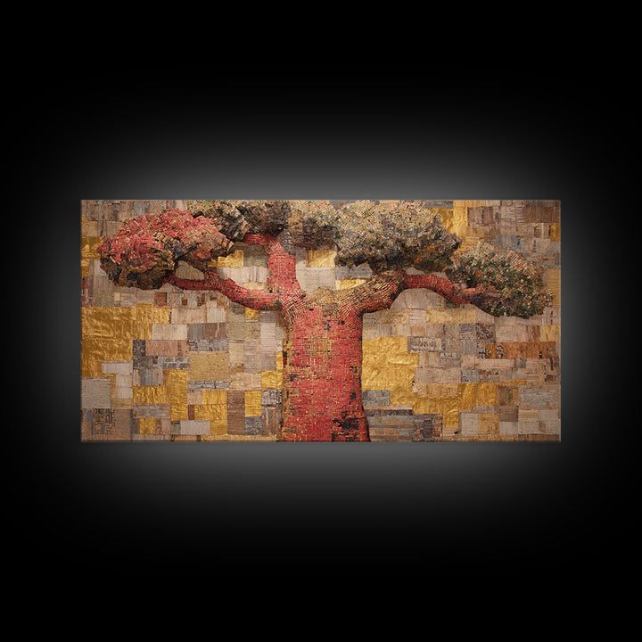 Red Baobab Collage On Gold Canvas Print, African Tree Wall Decor, Textured Mosaic Landscape Art, Bold Living Room Home Decor Gift