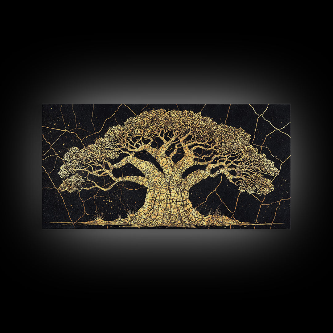 Golden Baobab Tree On Black Wall Art, African Tree Canvas Decor, Gold Crackle Safari Print, Elegant Statement Home Decor Gift