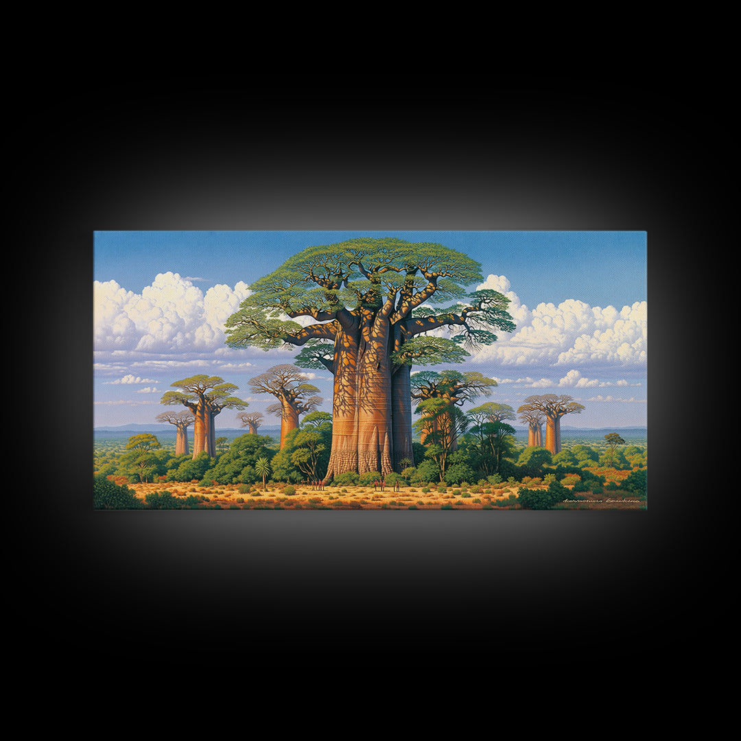 Lush Baobab Forest Under Blue Sky Framed Canvas Print, African Landscape Wall Decor, Madagascar Safari Tree Art Home Decor Gift