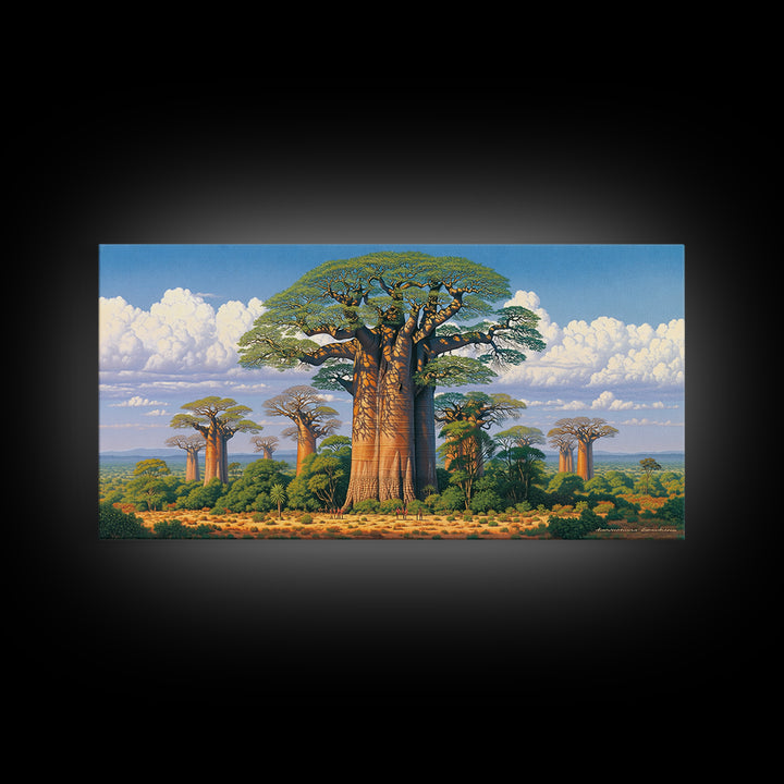 Lush Baobab Forest Under Blue Sky Framed Canvas Print, African Landscape Wall Decor, Madagascar Safari Tree Art Home Decor Gift