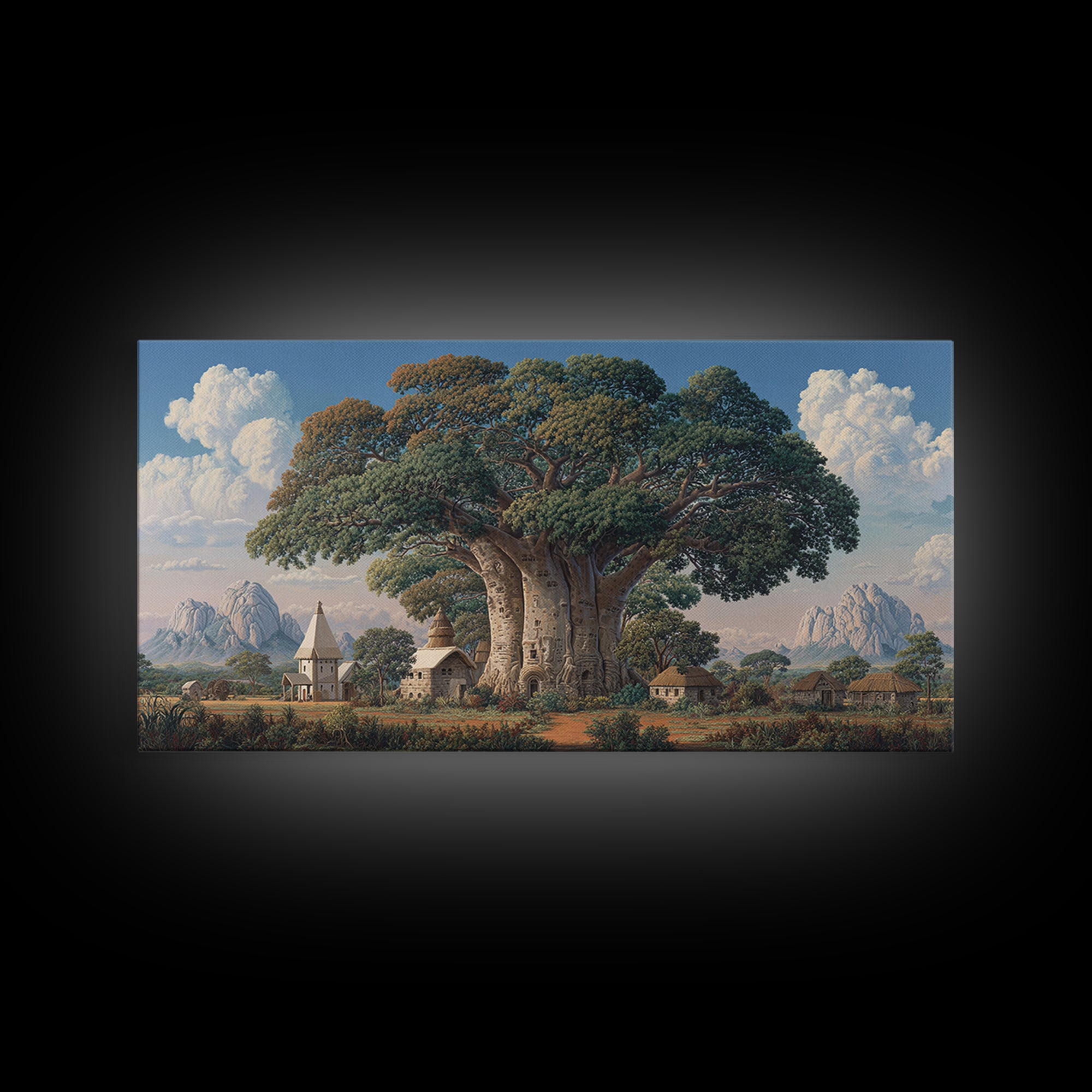 Village Baobab Tree With Church Framed Canvas Print, African Landscape Wall Art, Cultural Home Decor, Housewarming Gift For Her