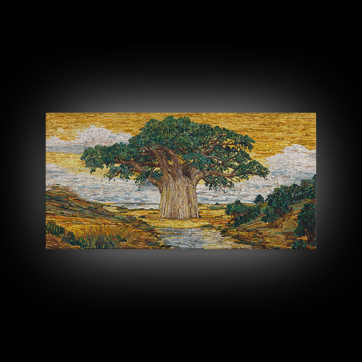 Mosaic Baobab River Landscape Canvas Print, African Tree Wall Art, Earth Tone Safari Decor, Modern Living Room Art, Housewarming Gift