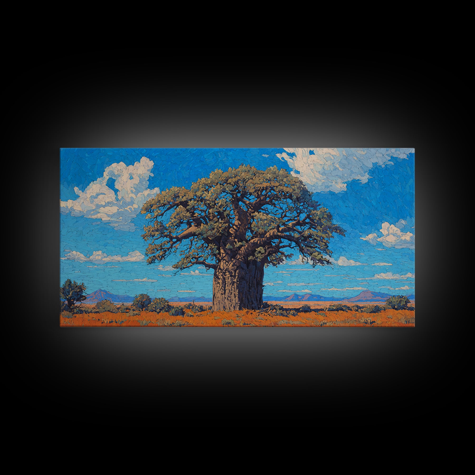 Sunlit Baobab Tree Canvas Print, African Landscape Wall Art, Blue Sky Safari Decor, Nature Scene Art, Unique Home Decor Gift