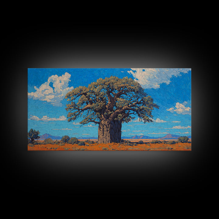 Sunlit Baobab Tree Canvas Print, African Landscape Wall Art, Blue Sky Safari Decor, Nature Scene Art, Unique Home Decor Gift