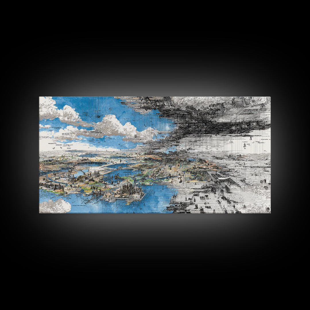 Blue And Black Dreamscape Map Wall Art, Abstract African Landscape Canvas Print, Modern Office Decor, Large Statement Art