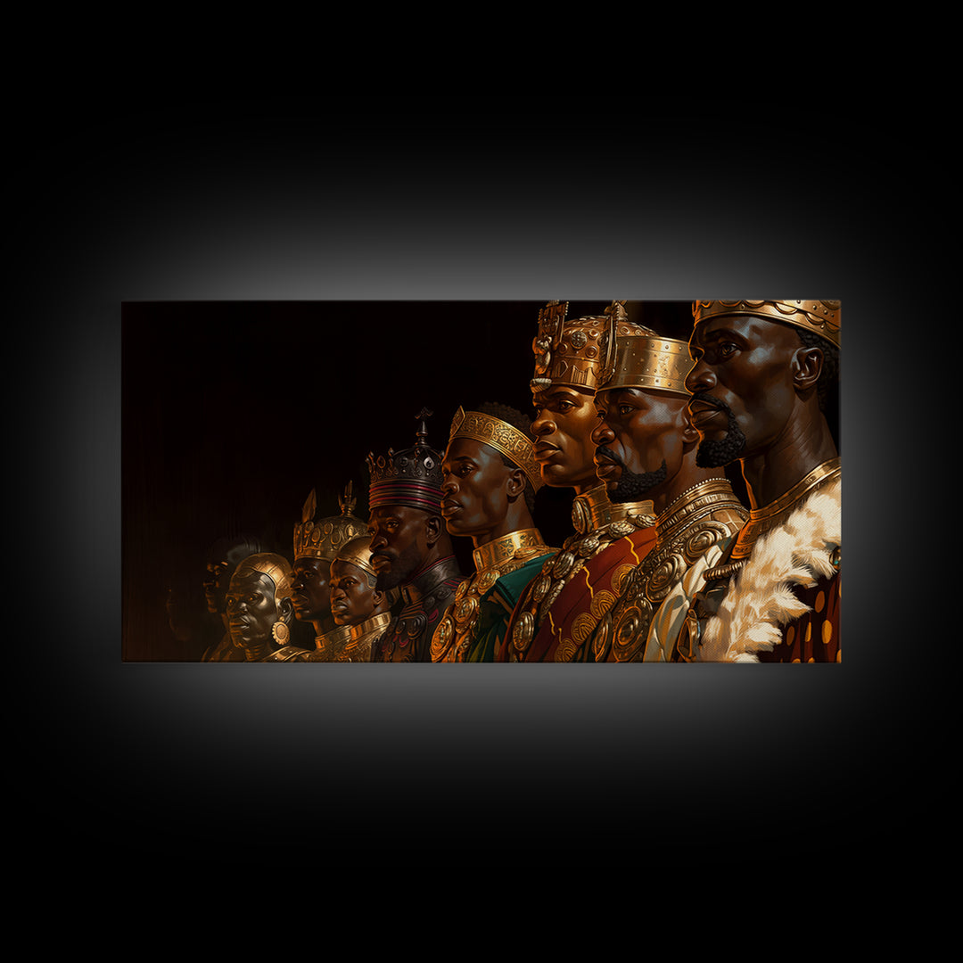 African Kings Royal Portrait Framed Canvas Print, Black History Wall Art, Gold Jewelry Canvas, Afrocentric Home Decor Gift