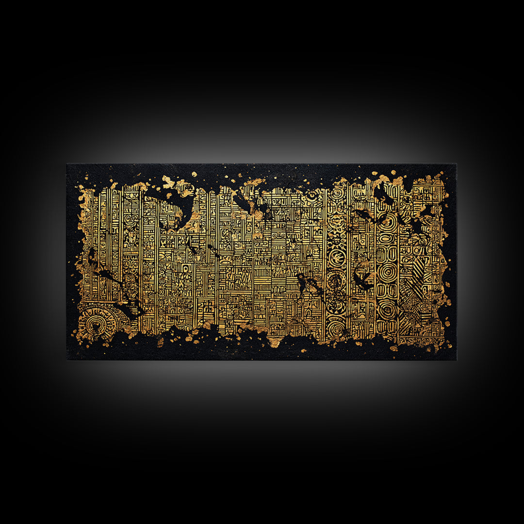 Gold Tribal Textile Pattern Canvas Print, Abstract African Art Decor, Kuba Inspired Wall Decor, Luxury Black Home Accent