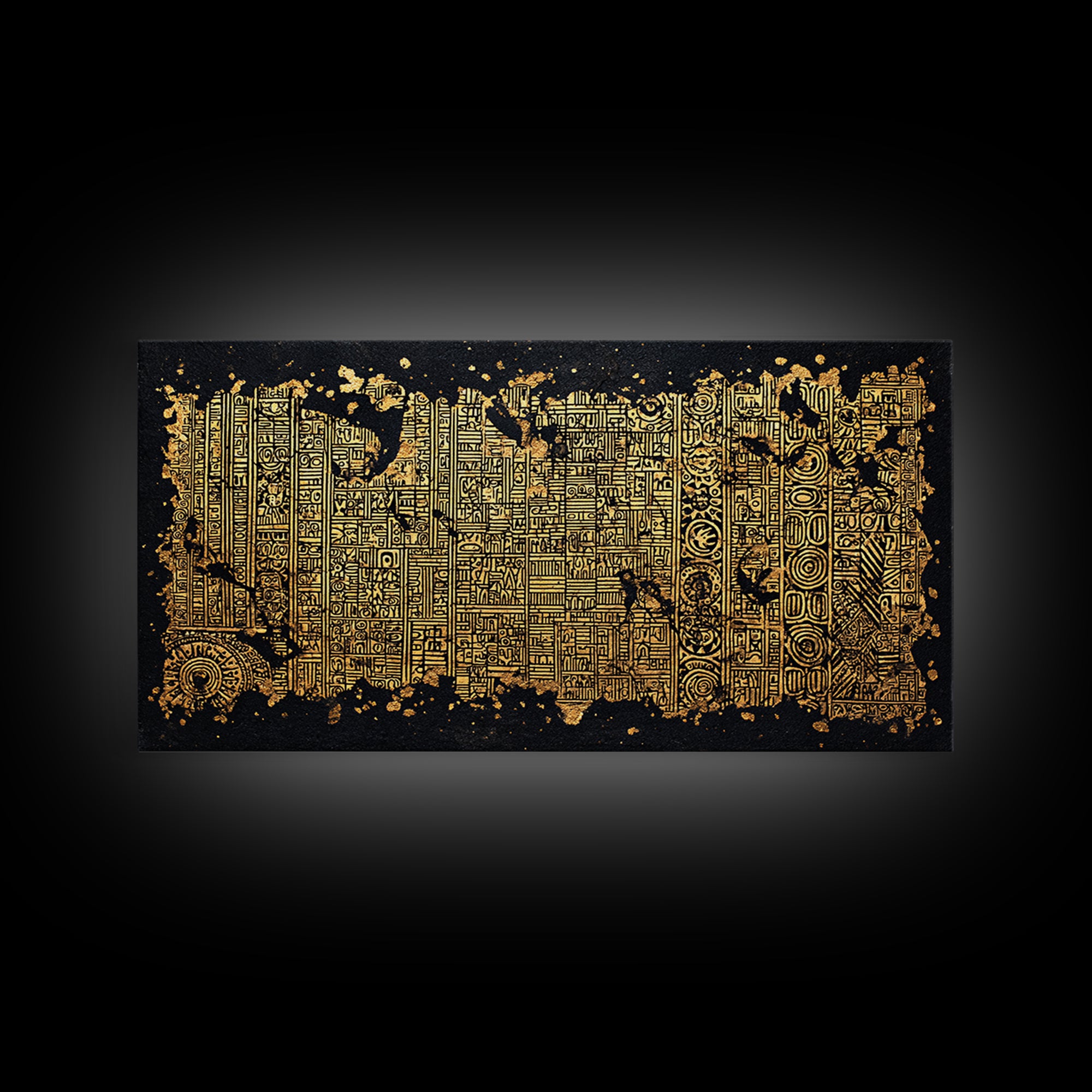 Gold Tribal Textile Pattern Canvas Print, Abstract African Art Decor, Kuba Inspired Wall Decor, Luxury Black Home Accent