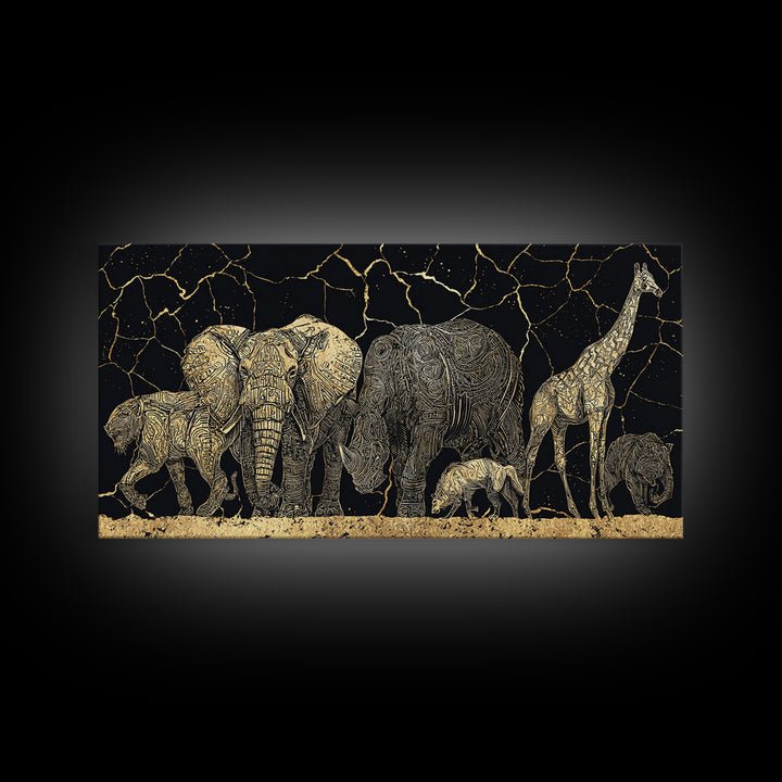 African Safari Animals Wall Art, Elephant Giraffe Family Canvas Decor, Serengeti Wildlife Print, Black Gold Home Accent Gift