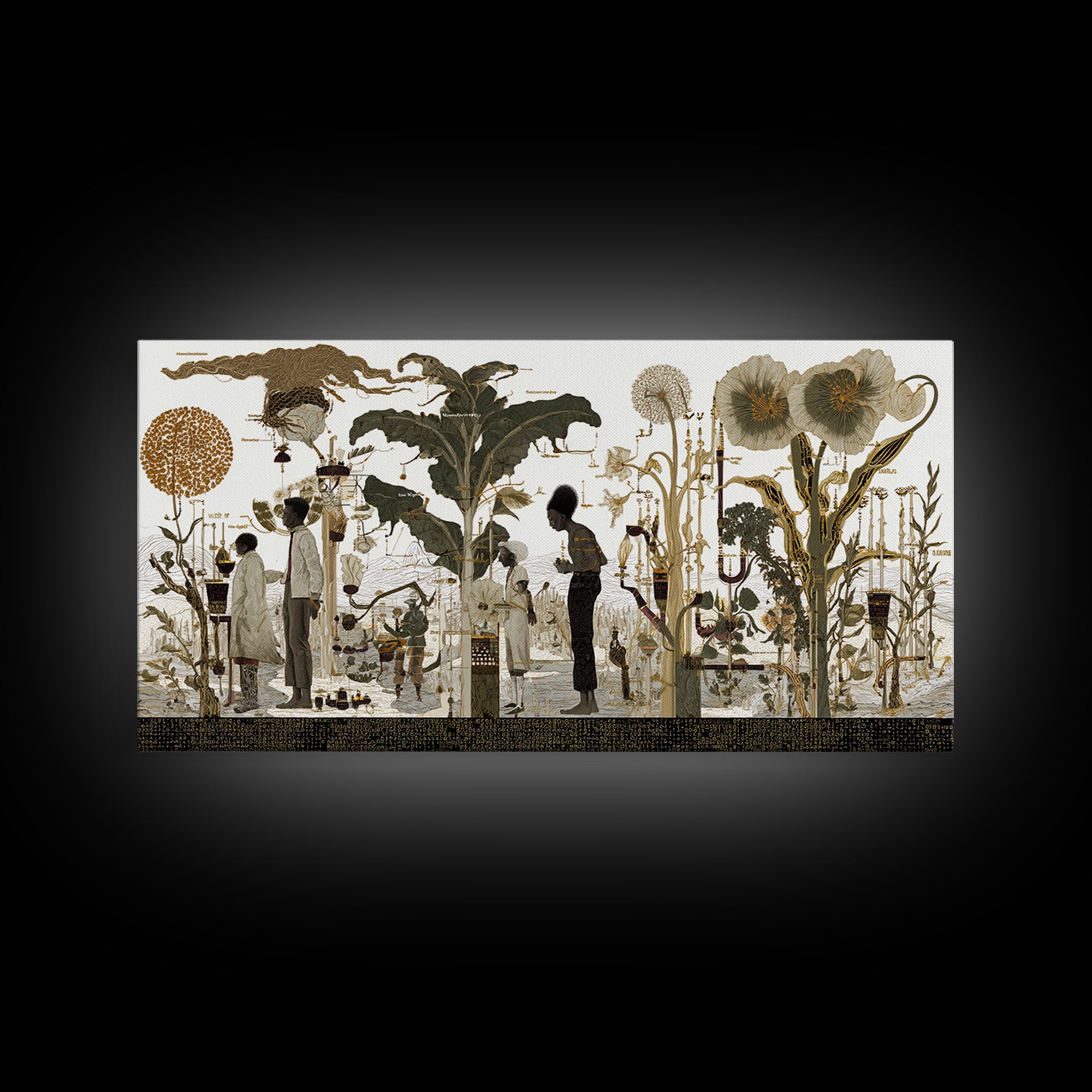 Neutral Botanical Black Figures Garden Wall Art, African American Art, Elegant Floral Canvas Print For Living Room Decor