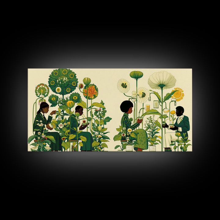 Green Botanical Reading Garden Canvas Print, African Women Art, Afrocentric Wall Decor, Nature Scene Art For Home Decor Gift
