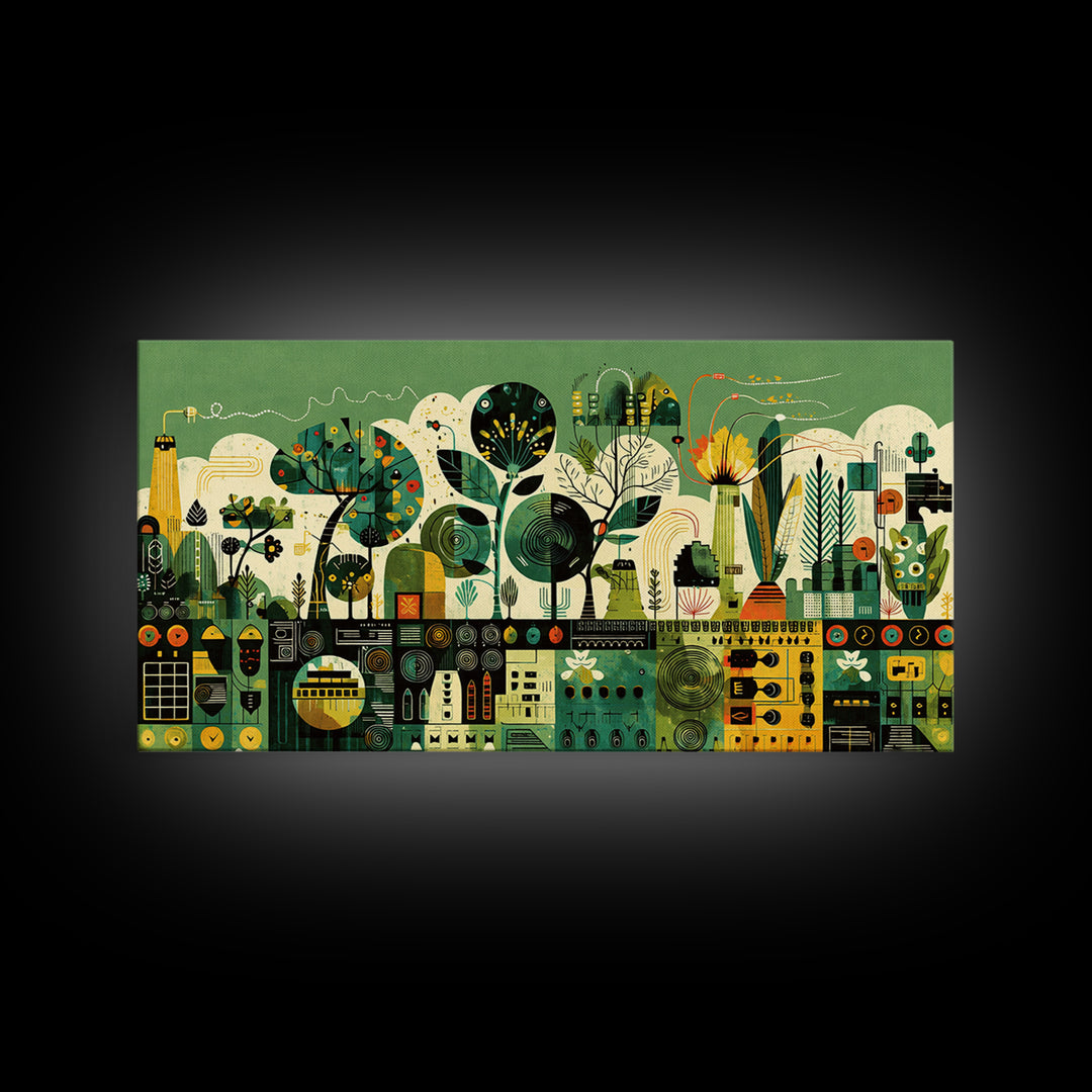 Green Abstract Botanical Cityscape Wall Art, African Patterns, Modern Afrocentric Canvas Print, Cultural Home Decor Gift