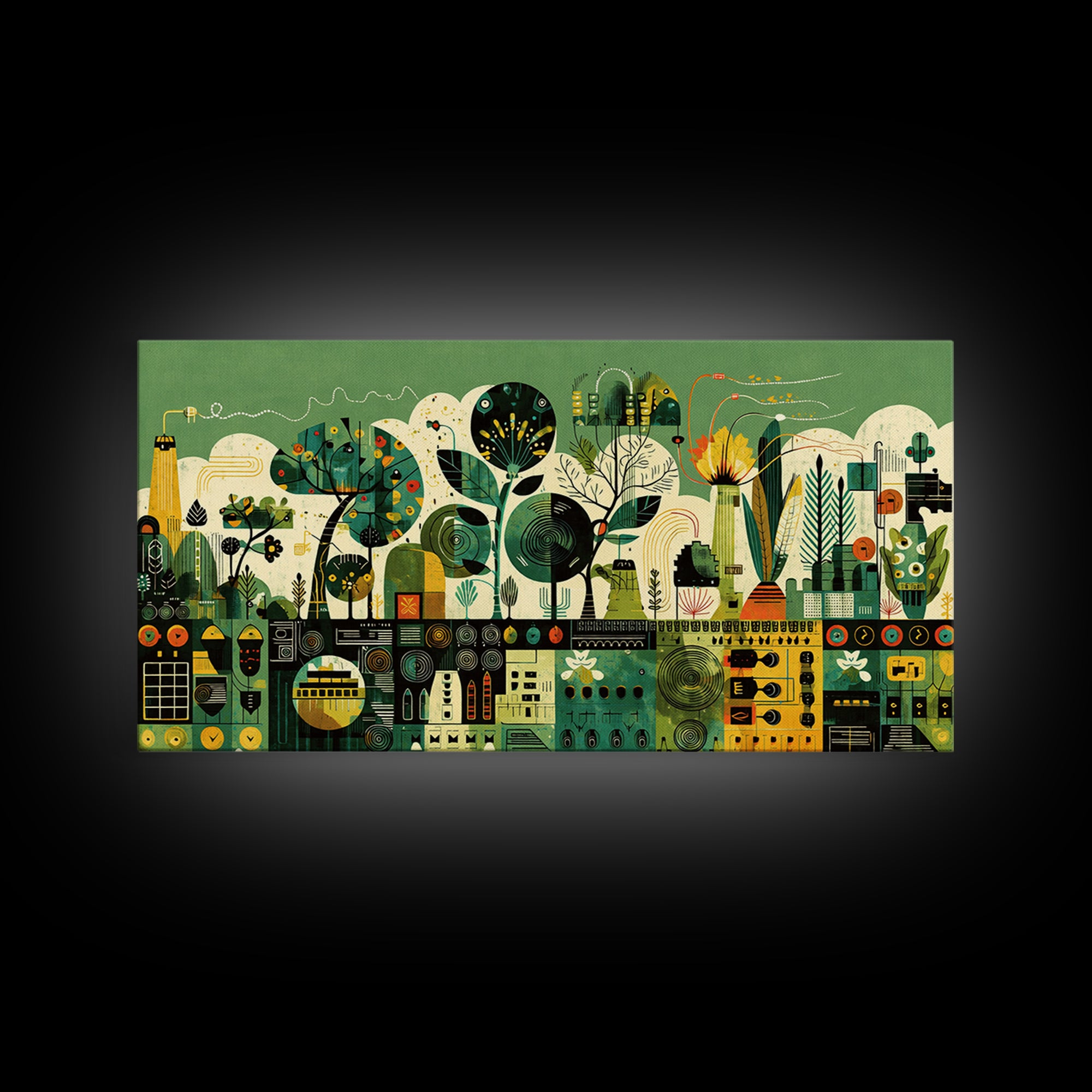 Green Abstract Botanical Cityscape Wall Art, African Patterns, Modern Afrocentric Canvas Print, Cultural Home Decor Gift