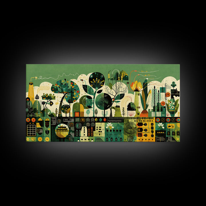 Green Abstract Botanical Cityscape Wall Art, African Patterns, Modern Afrocentric Canvas Print, Cultural Home Decor Gift