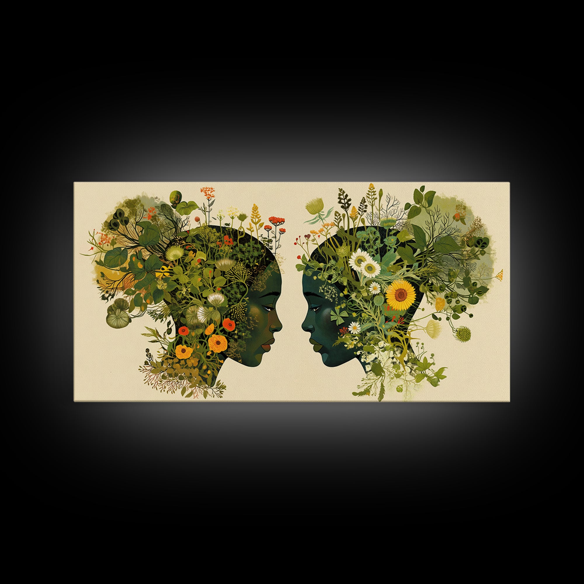Floral Black Women Profile Portrait Wall Art, African Woman Art, Afrocentric Feminine Canvas Print, Botanical Home Decor Gift