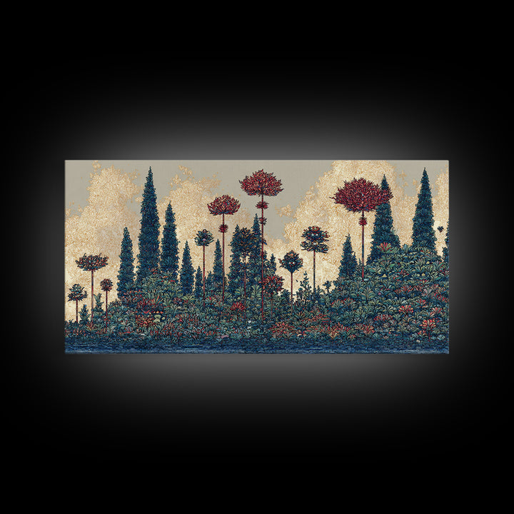 Dreamy Blue Forest Flower Landscape Canvas Print, African Inspired Wall Art, Nature Scene Art For Elegant Living Room Decor