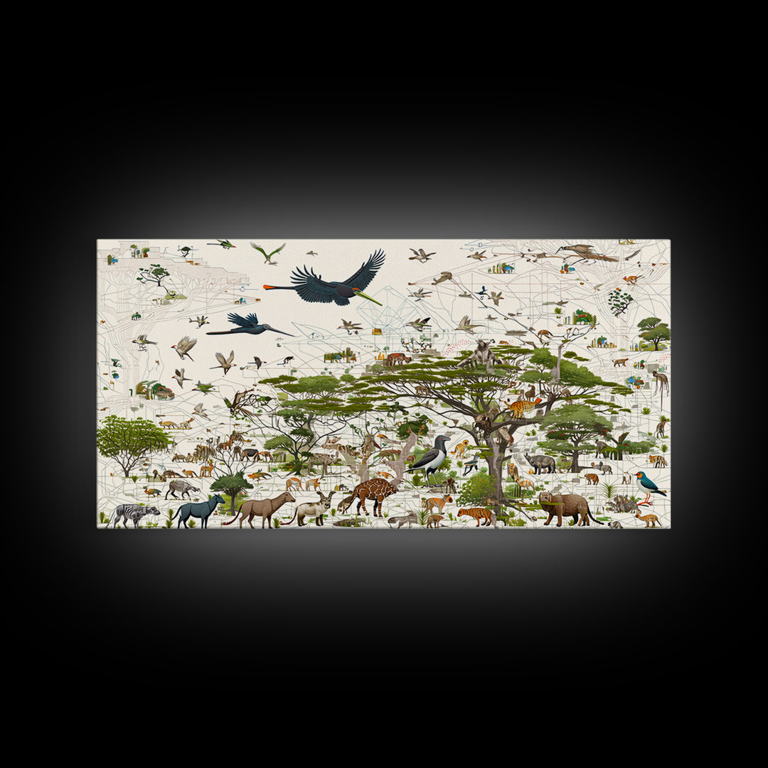 African Safari Animals Acacia Tree Wall Art, Serengeti Wildlife Canvas Print, Jungle Decor For Kids Room Or Office Decor