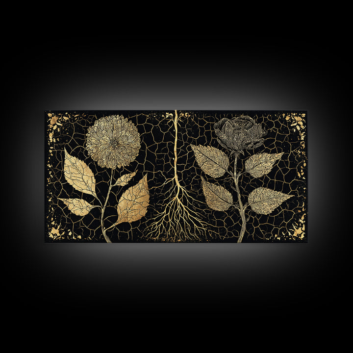 Black Gold Botanical Roots Framed Canvas Print, African Inspired Wall Decor, Luxury Nature Art, Elegant Home Decor Gift Idea