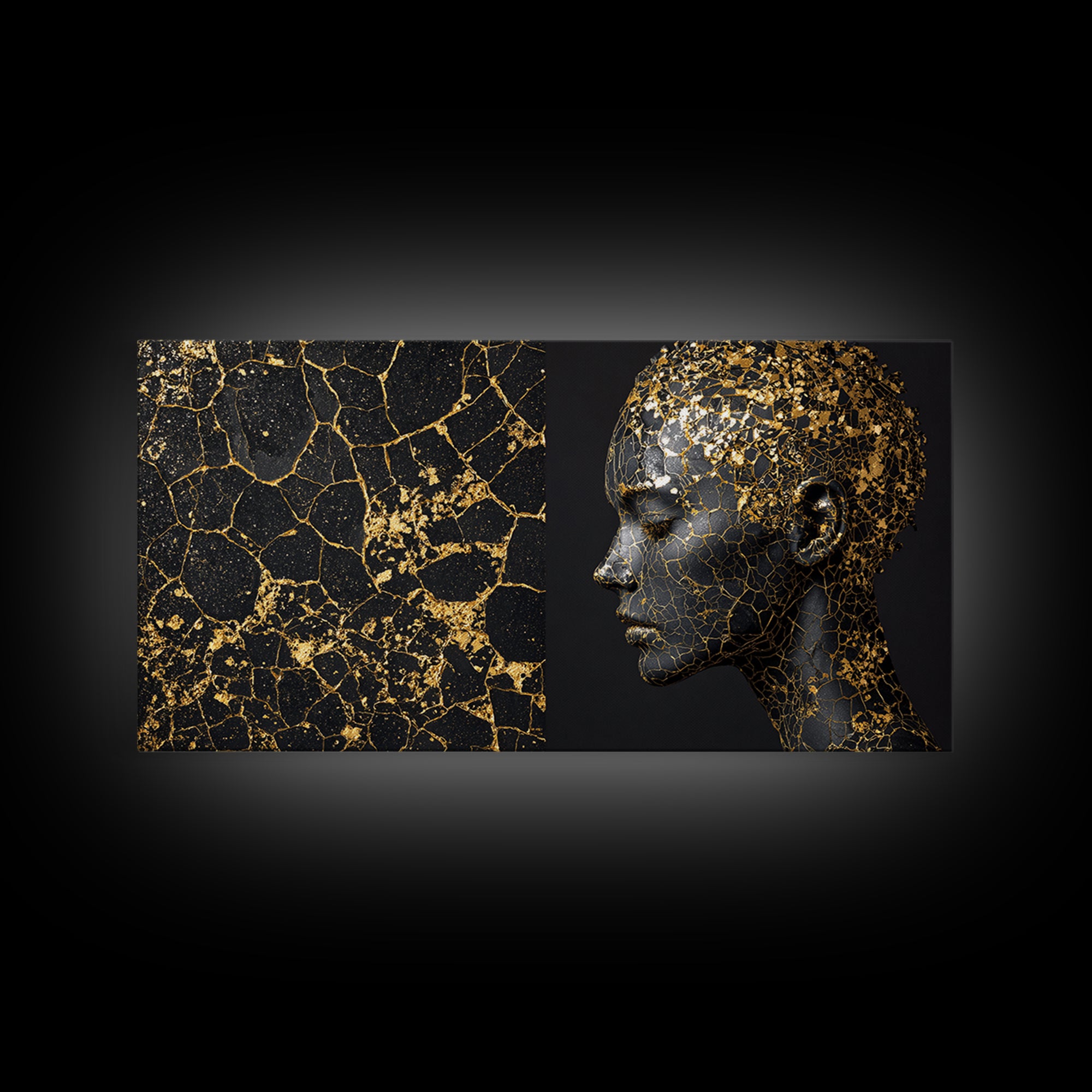 Black Gold Kintsugi African Portrait Canvas Print, Modern Black Art Decor, Luxury Wall Art, Elegant Woman Profile Artwork