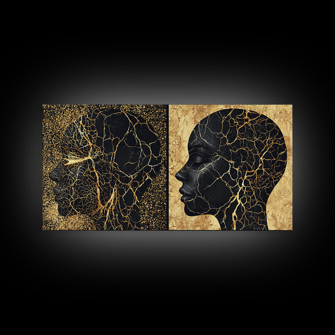 Black Gold Rooted African Profile Diptych Framed Canvas Print, Spiritual Wall Art, Modern Afrocentric Decor, Luxury Art Print