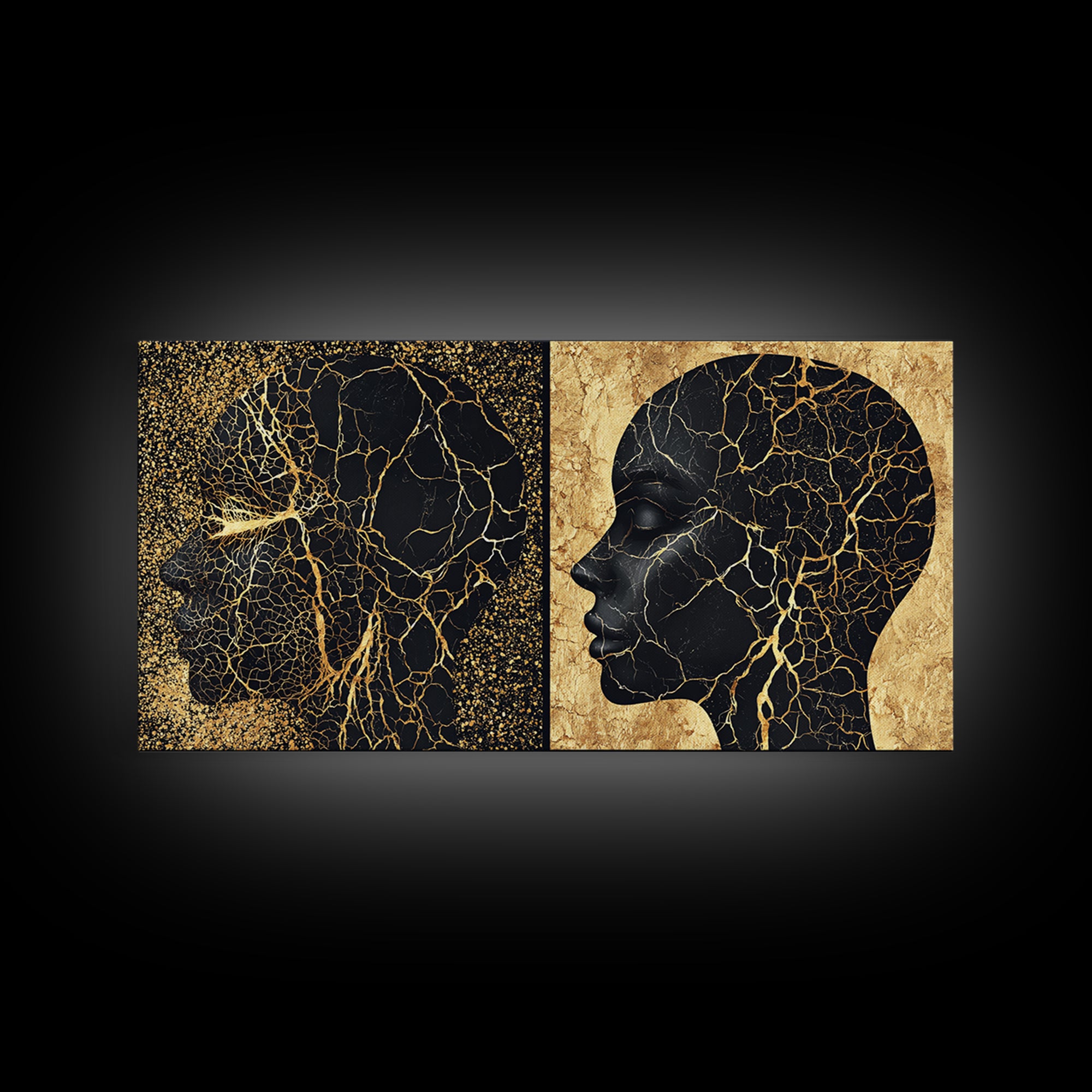 Black Gold Rooted African Profile Diptych Framed Canvas Print, Spiritual Wall Art, Modern Afrocentric Decor, Luxury Art Print