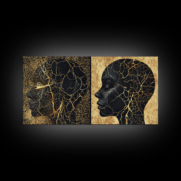 Black Gold Rooted African Profile Diptych Framed Canvas Print, Spiritual Wall Art, Modern Afrocentric Decor, Luxury Art Print