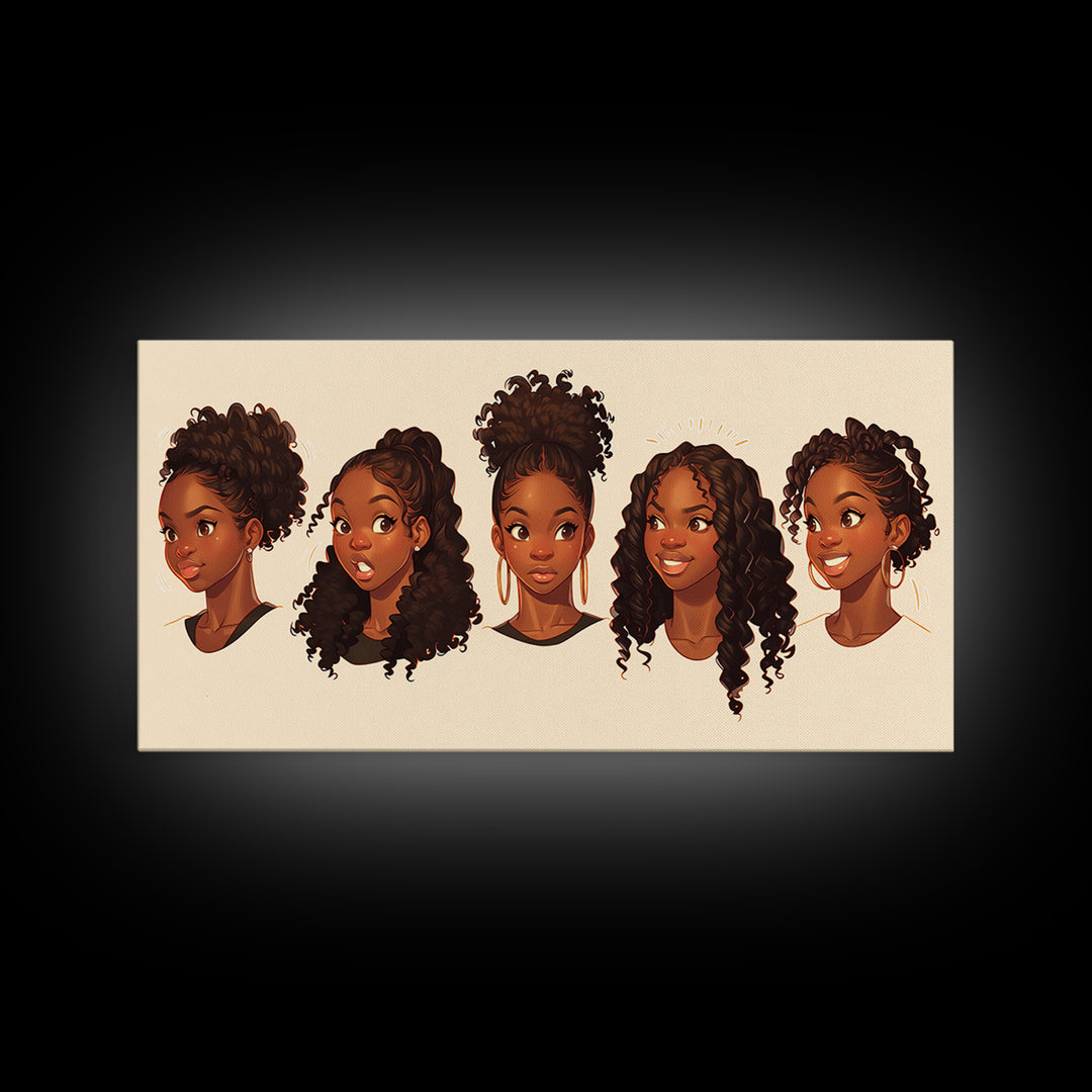 Cute Black Girl Hairstyle Portraits Wall Art, Melanin Artwork, African American Kids Decor, Black Girl Magic Canvas Print