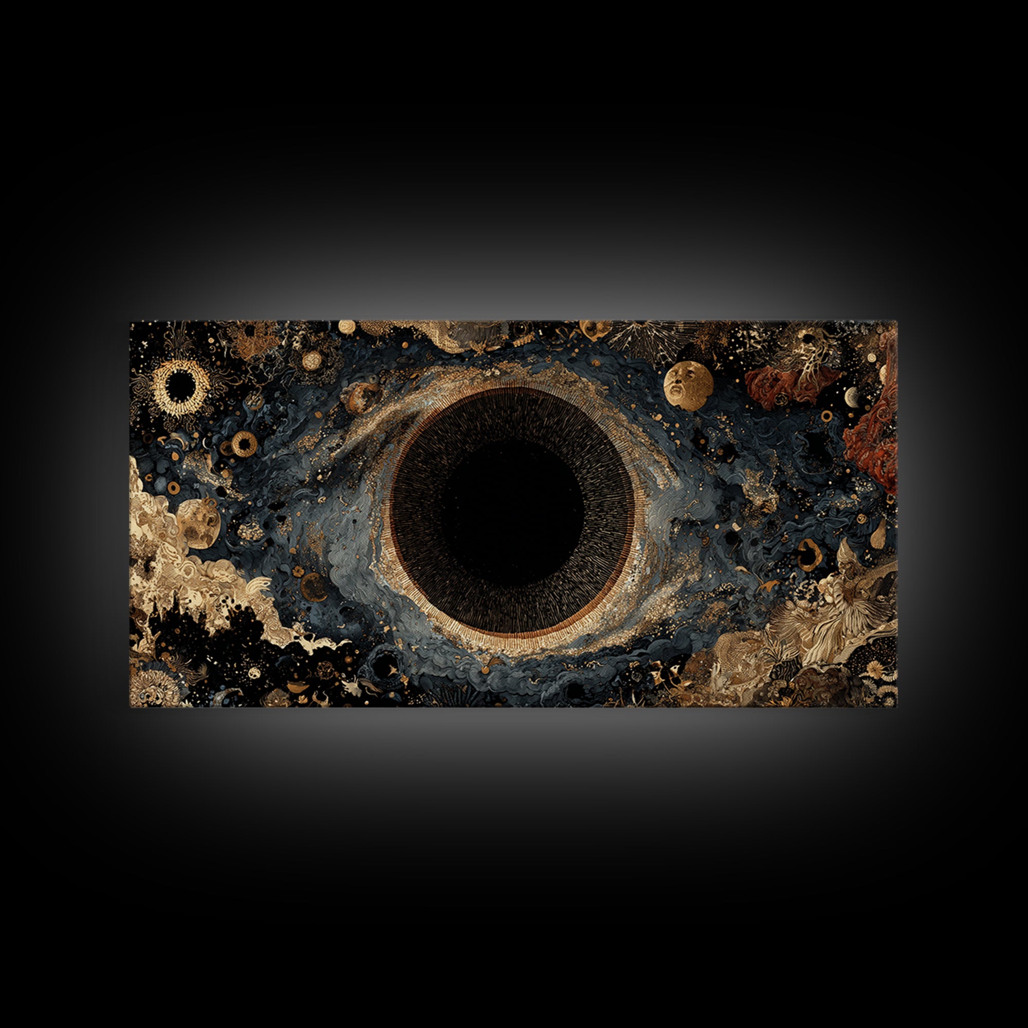 Black Gold Cosmic Eye Framed Canvas Print, Luxury Abstract Wall Decor, Mystical Space Art For Modern Living Room Home Decor