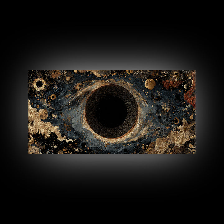 Black Gold Cosmic Eye Framed Canvas Print, Luxury Abstract Wall Decor, Mystical Space Art For Modern Living Room Home Decor