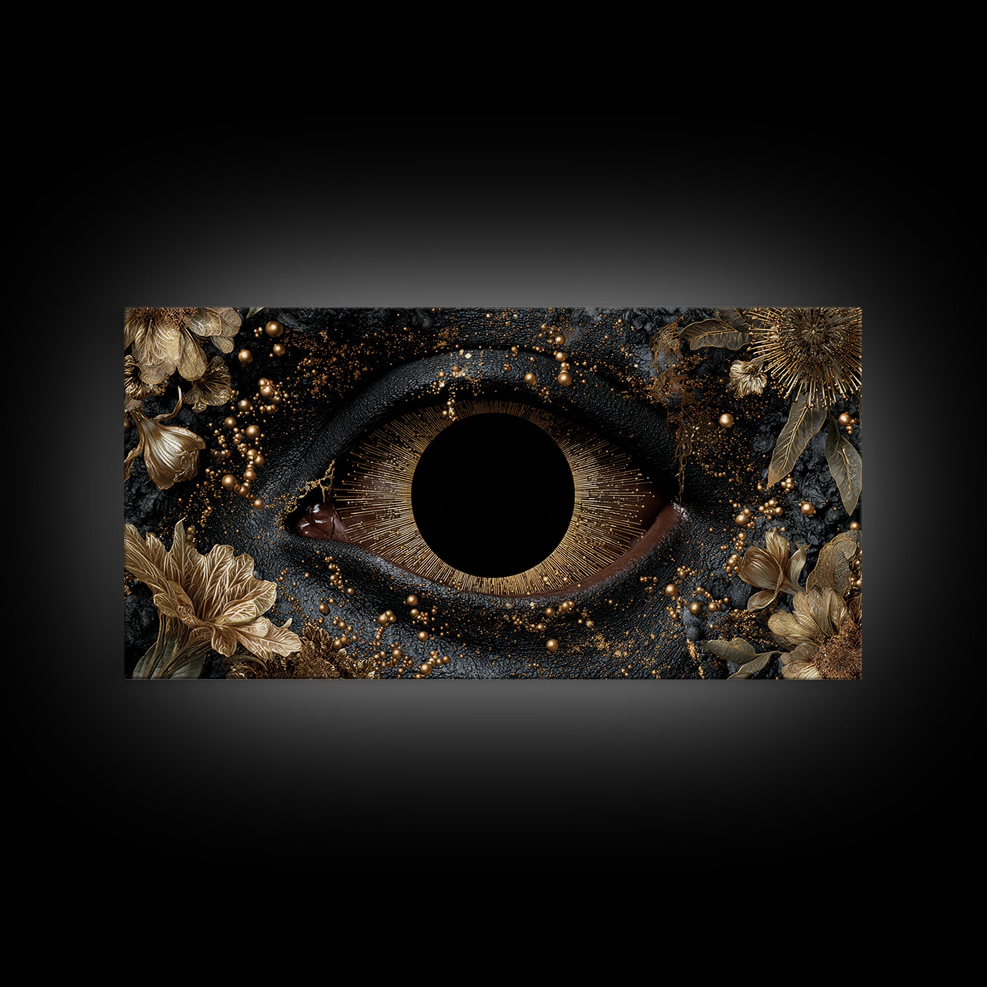 Golden Floral Mystic Eye Canvas Print, Black And Gold Abstract Wall Art, Luxury Feminine Decor For Stylish Living Room Gift