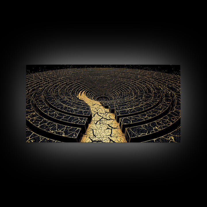 Golden Labyrinth Wall Art, Black And Gold Abstract Spiral Maze, Luxury Canvas Print, Modern Geometric Statement Decor Home Decor