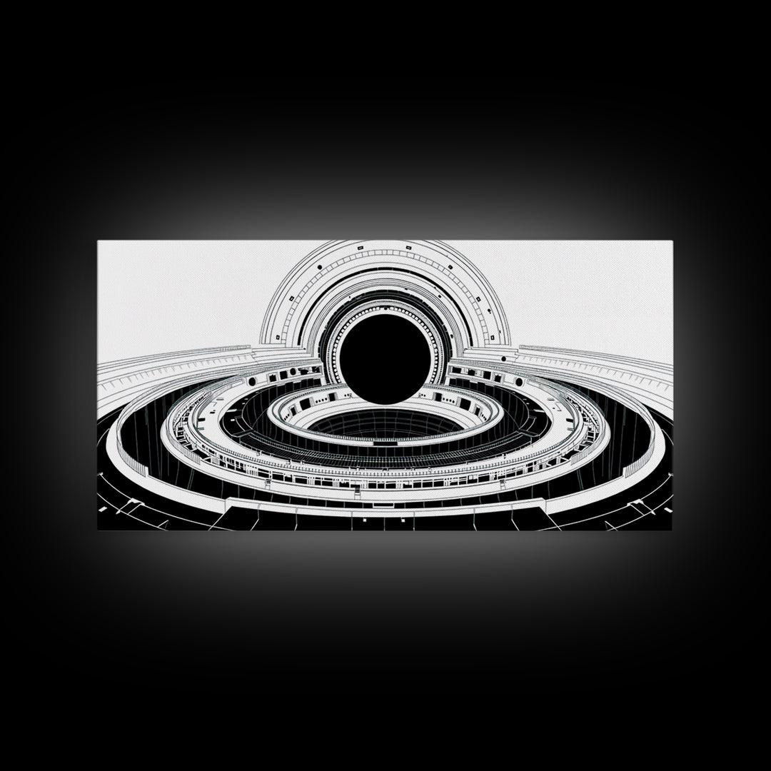 Monochrome Space Station Wall Art, Black And White Futuristic Architecture, Minimalist Canvas Print, Modern Office Decor