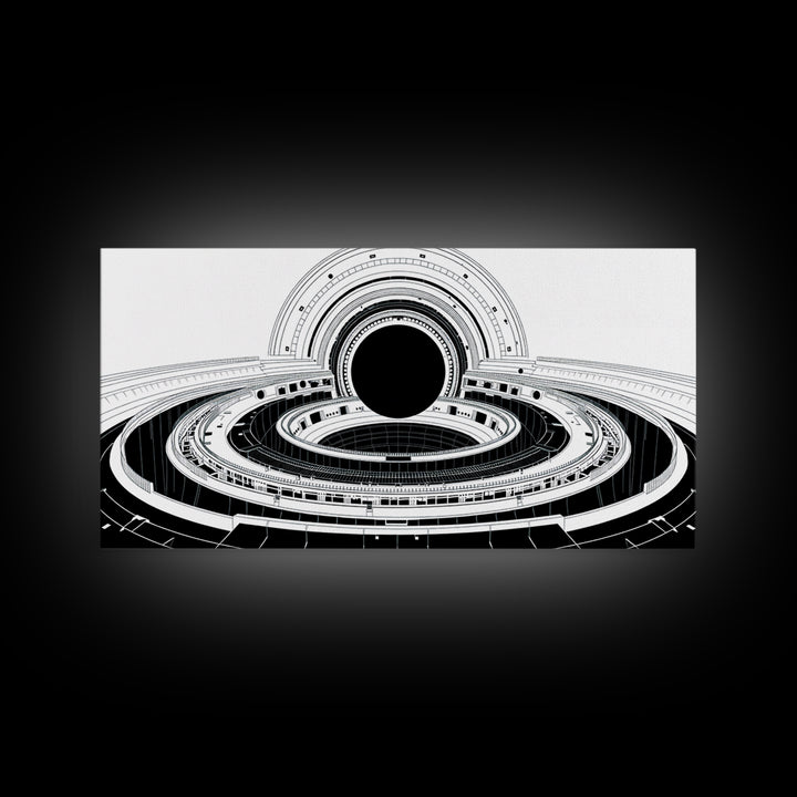 Monochrome Space Station Wall Art, Black And White Futuristic Architecture, Minimalist Canvas Print, Modern Office Decor