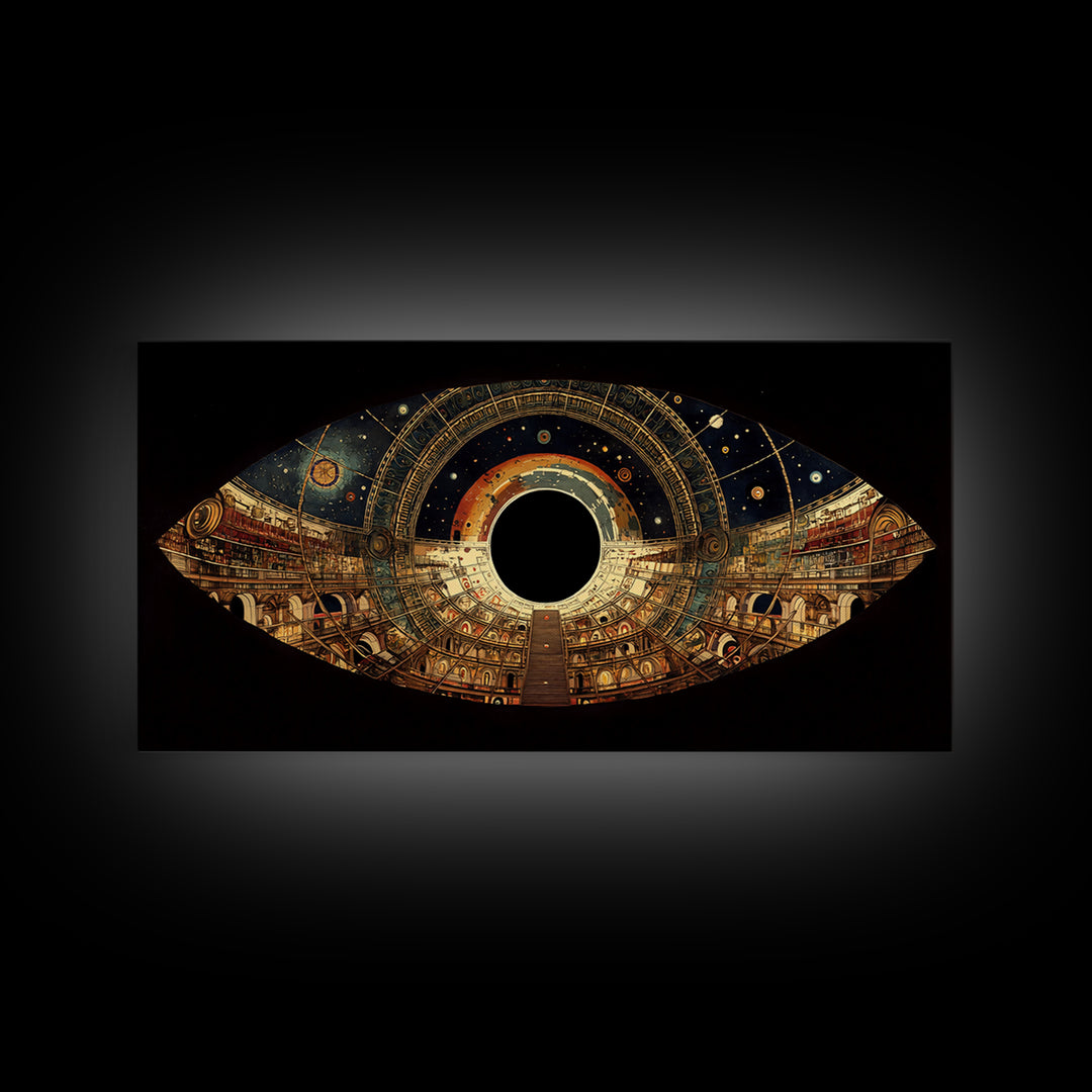 Celestial Observatory Eye Canvas Print, Ornate Cosmic Library Wall Art, Black Gold Sci Fi Decor, Mystical Statement Piece