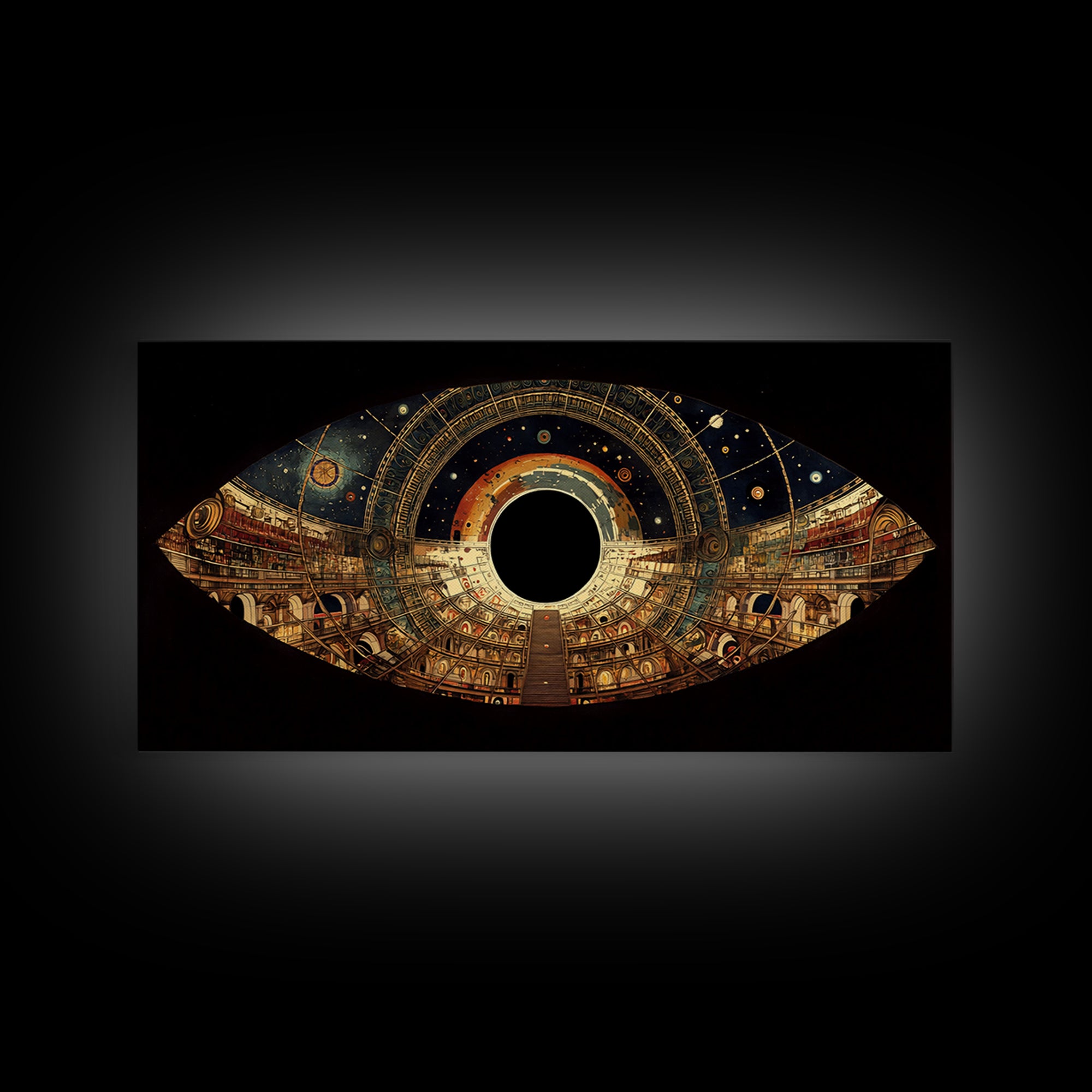 Celestial Observatory Eye Canvas Print, Ornate Cosmic Library Wall Art, Black Gold Sci Fi Decor, Mystical Statement Piece