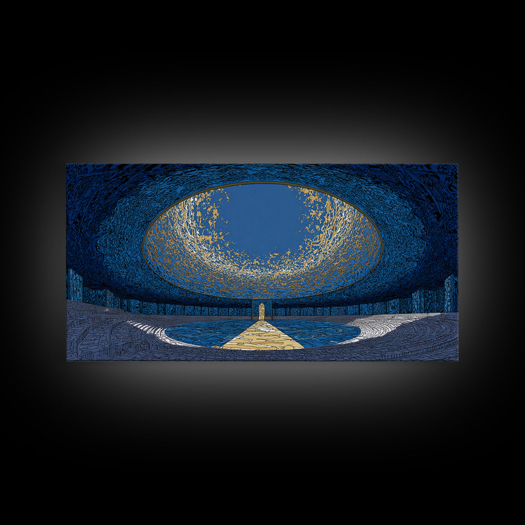 Blue Portal Chamber Wall Art, Futuristic Circular Architecture, Gold Path Canvas Print, Modern Abstract Office Decor Statement Piece