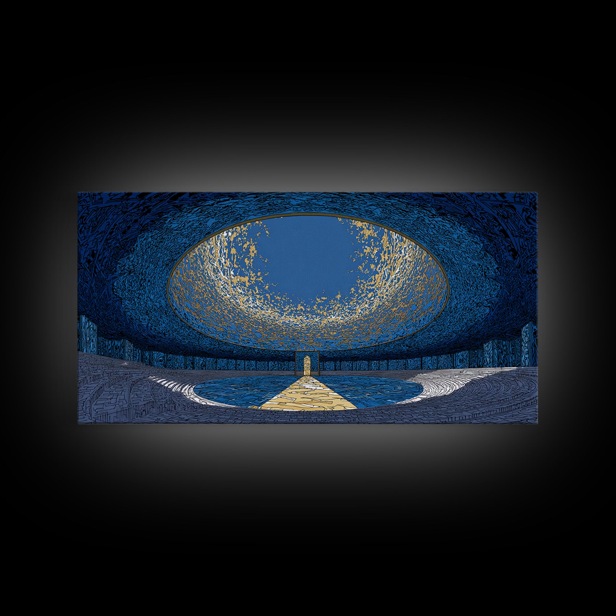 Blue Portal Chamber Wall Art, Futuristic Circular Architecture, Gold Path Canvas Print, Modern Abstract Office Decor Statement Piece