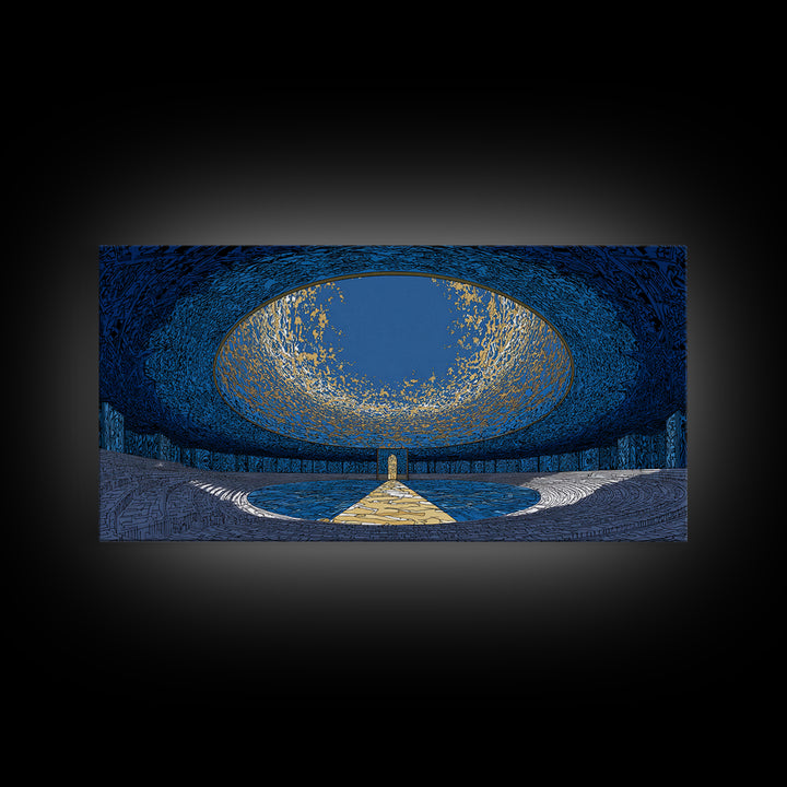 Blue Portal Chamber Wall Art, Futuristic Circular Architecture, Gold Path Canvas Print, Modern Abstract Office Decor Statement Piece