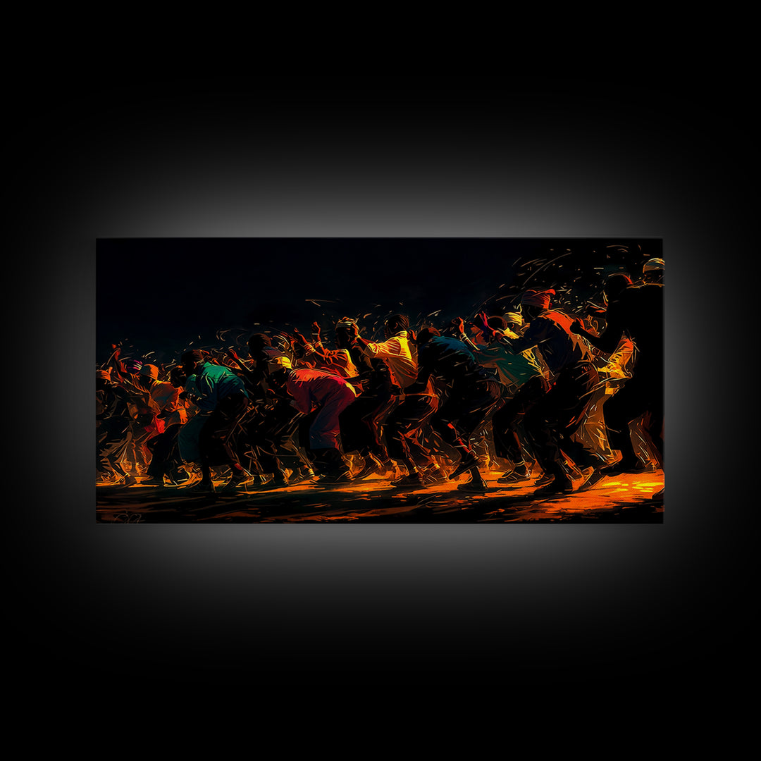 Golden Line Of African Dancers Canvas Print, Black Culture Art, Afrocentric Wall Decor, Vibrant Movement Painting, Cultural Art