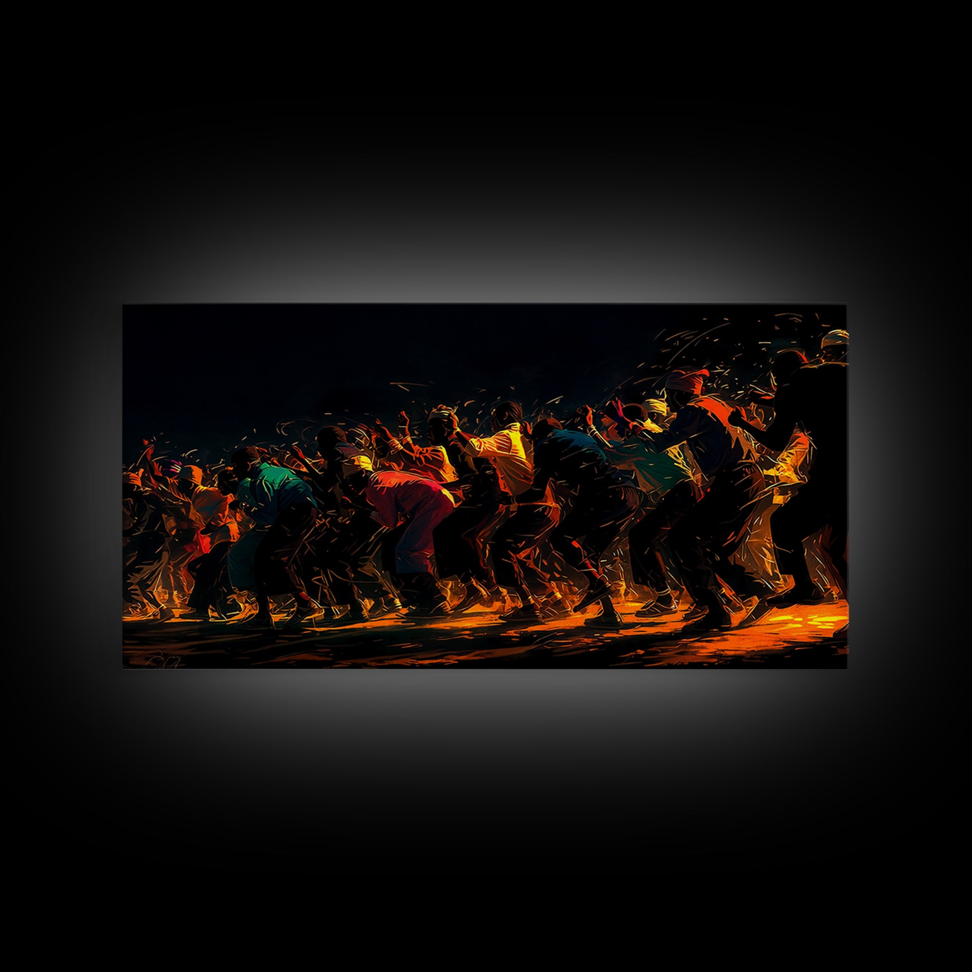 Golden Line Of African Dancers Canvas Print, Black Culture Art, Afrocentric Wall Decor, Vibrant Movement Painting, Cultural Art
