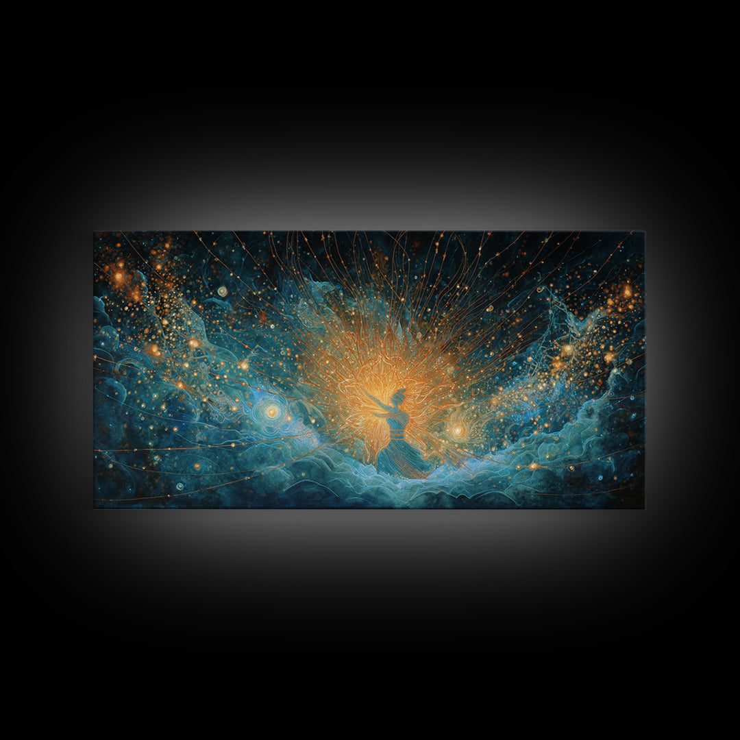 Cosmic African Goddess In Blue Gold Light Wall Art, Spiritual Afrocentric Decor, Mystical Woman Canvas, Dreamy Art Print