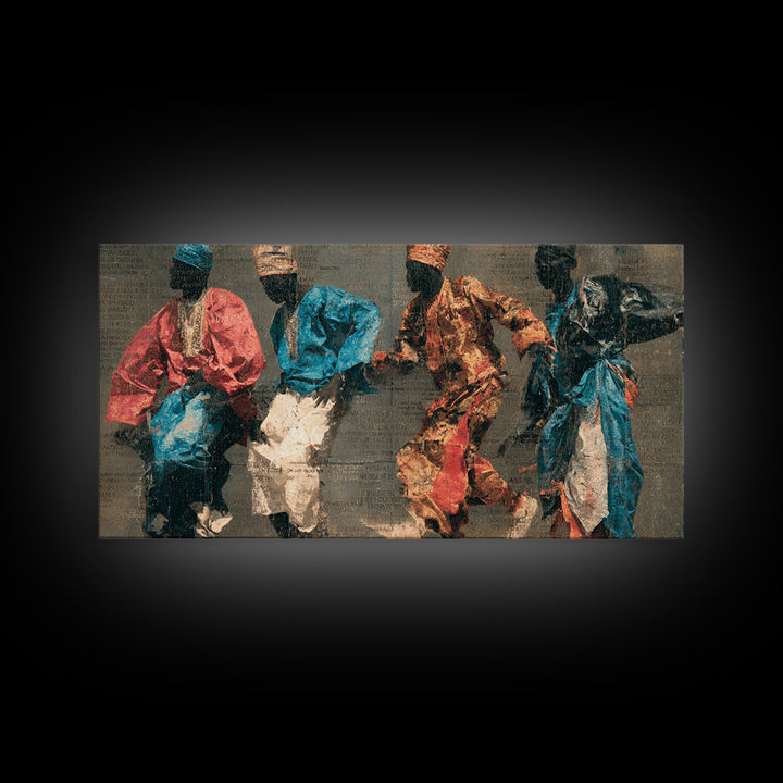 Four African Dancers In Colorful Robes Canvas Print, Tribal Culture Wall Art, Ankara Inspired Decor, Afrocentric Art Gift
