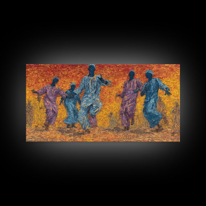 African Dancers At Sunset Wall Art, Colorful Afrocentric Celebration Print, Tribal Culture Decor, Vibrant Living Room Canvas