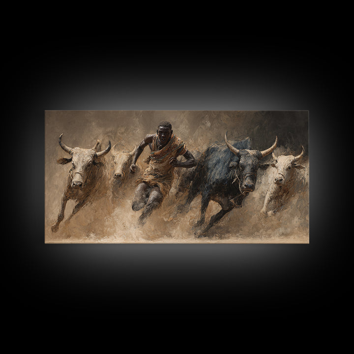 African Bull Runner Canvas Print, Dusty Cattle Race Painting, Warrior Culture Wall Decor, Rustic Safari Art For Living Room