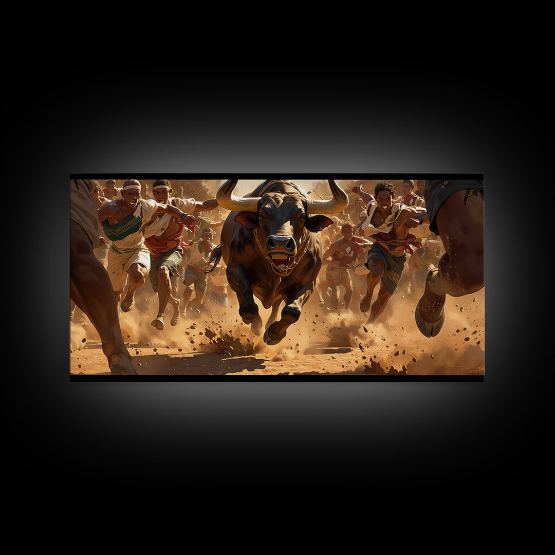 Charging Bull Race Framed Canvas Print, African Warrior Runners, Dusty Safari Action Art, Bold Cultural Living Room Decor