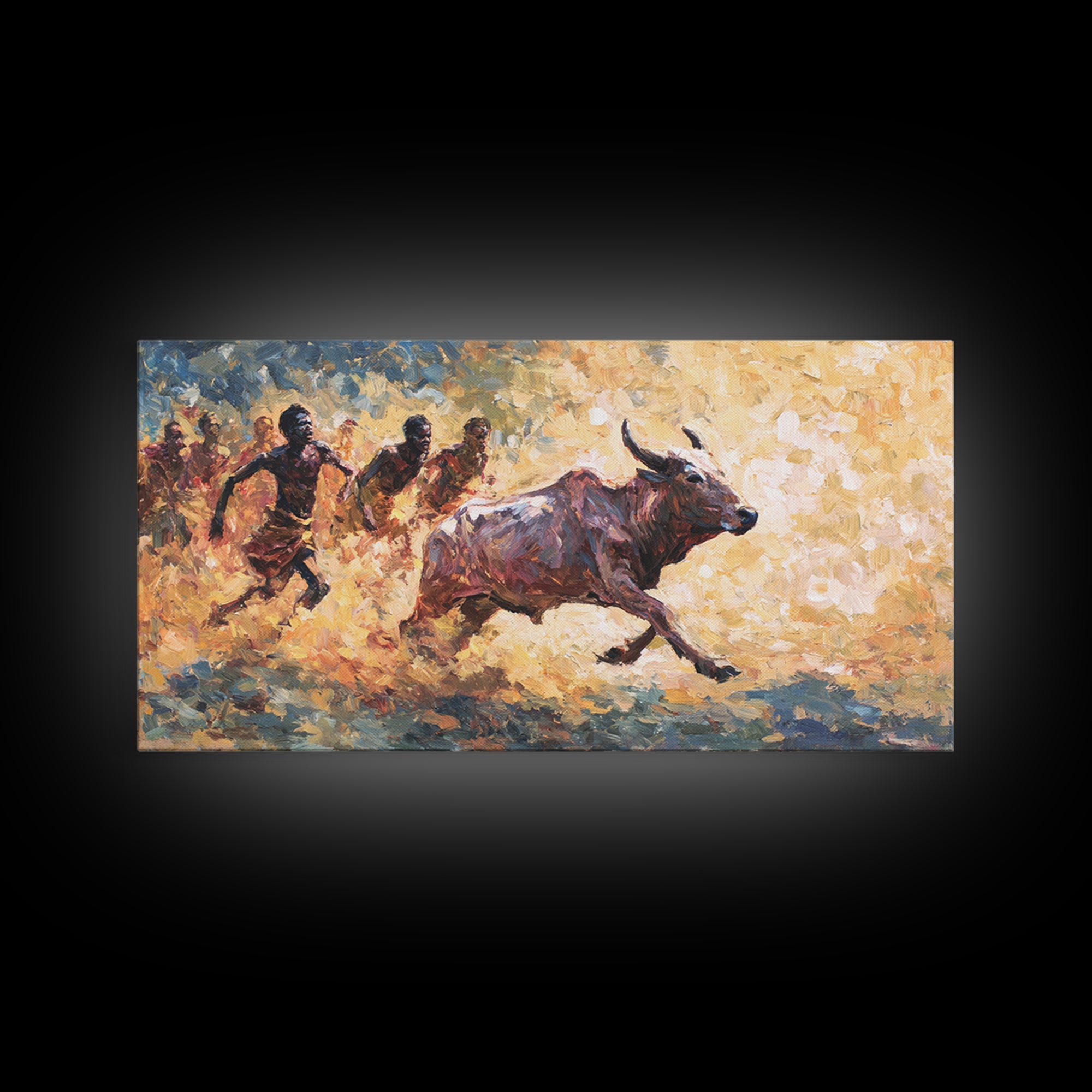 Painterly African Bull Chase Canvas Print, Sunlit Cattle Race With Runners, Rustic Safari Decor, Dynamic Cultural Wall Art
