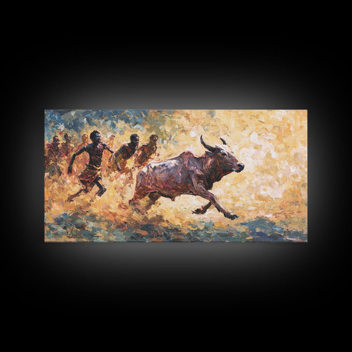 Painterly African Bull Chase Canvas Print, Sunlit Cattle Race With Runners, Rustic Safari Decor, Dynamic Cultural Wall Art