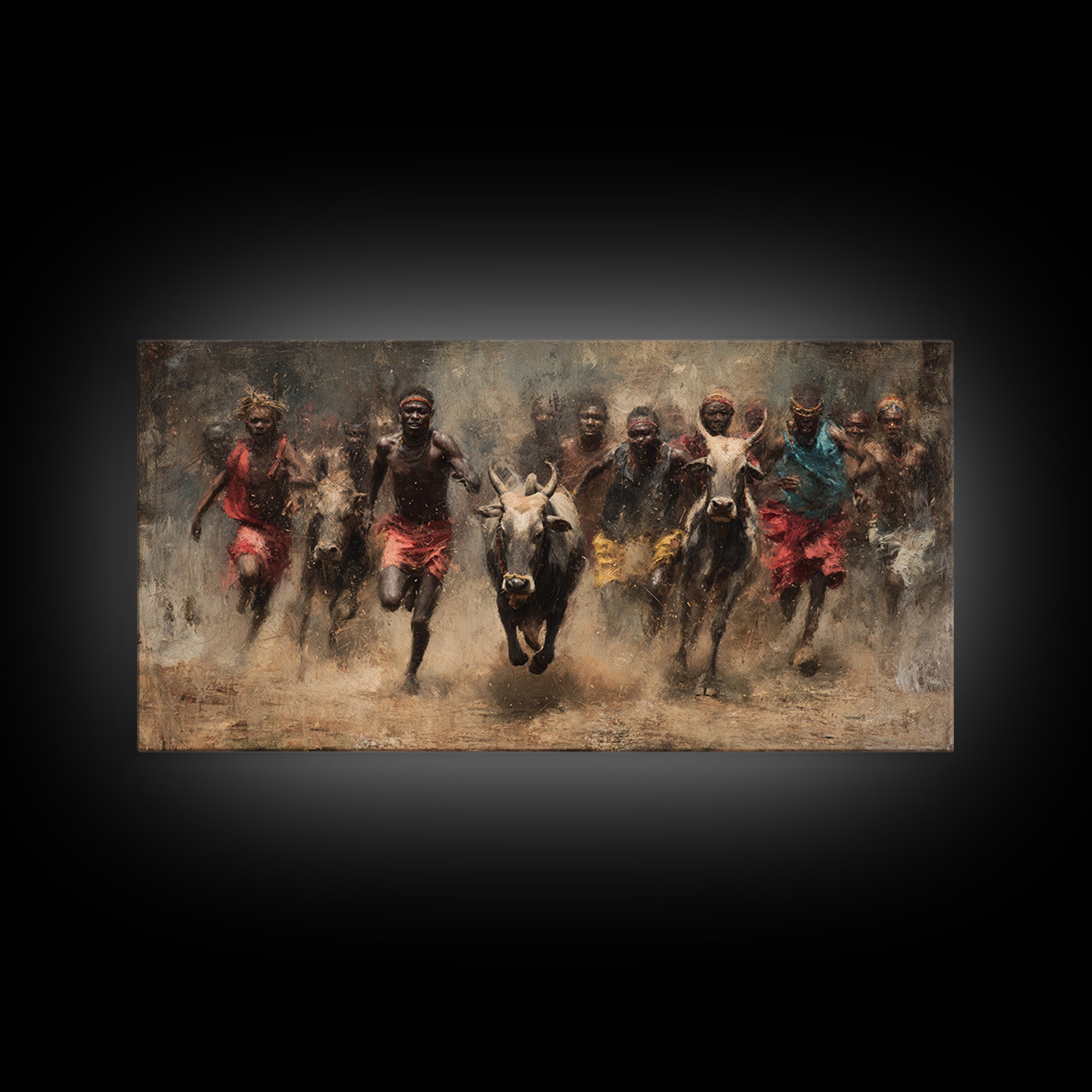 African Cattle Race Wall Art, Tribal Runners In Dusty Motion, Dramatic Safari Painting, Rustic Culture Decor For Home And Office