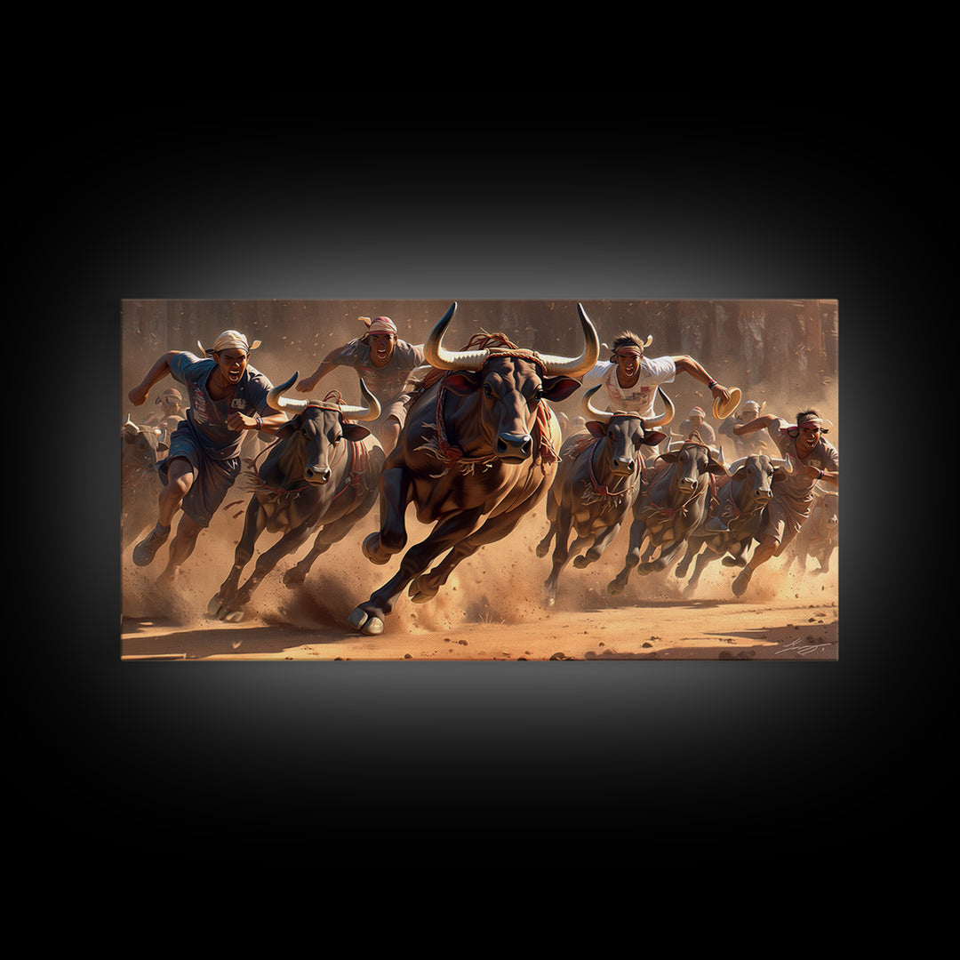 Charging African Bulls Framed Canvas Print, Runners And Dusty Arena, Bold Safari Action Wall Decor, Cultural Home Statement