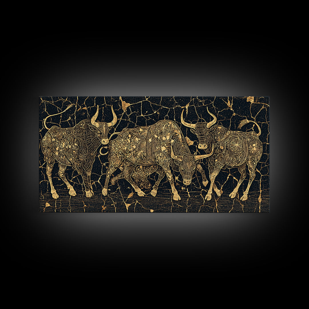 Gold Line Cattle On Black Wall Art, African Inspired Bull Illustration, Geometric Crackle Texture Decor, Luxury Canvas Print